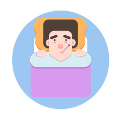 Vector Illustration of sick man with a thermometer lying in bed