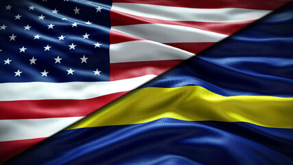 Double Flag United States of America and Curaçao flag waving flag with texture Close up