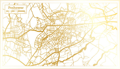 Peshawar Pakistan City Map in Retro Style in Golden Color. Outline Map.