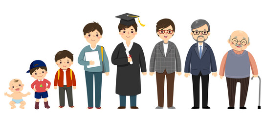 Vector illustration cartoon of a man in different ages from baby to elderly. Generation of people and stages of growing up.