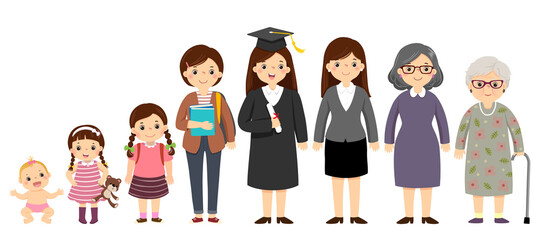 Vector illustration cartoon of a woman in different ages from baby to elderly. Generation of people and stages of growing up.