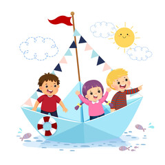 Vector illustration cartoon of happy kids floating on a paper boat on the water.