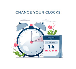 Daylight Saving Time begins concept. The clocks moves forward one hour. Calendar with marked date, text Change your clocks. DST begins in USA for banner, web, emailing. Flat design vector illustration - 404717570