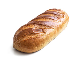 Loaf with golden crust and notches on top on a white background