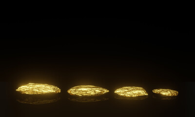 3D rendered pure gold nuggets on black background.