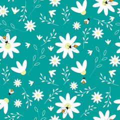 Seamless floral pattern. White chamomile or daisies on a green background. Bees collect honey. Endless ornament for textiles and children's clothing. Case, fitness bracelet, napkins. Flat style.Vector