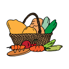 fresh fruit and vegetable in the basket for picnic vector illustration on white background. hand drawn vector. doodle for wallpaper, cover, poster, banner, advertising, sticker, clipart, greeting. 