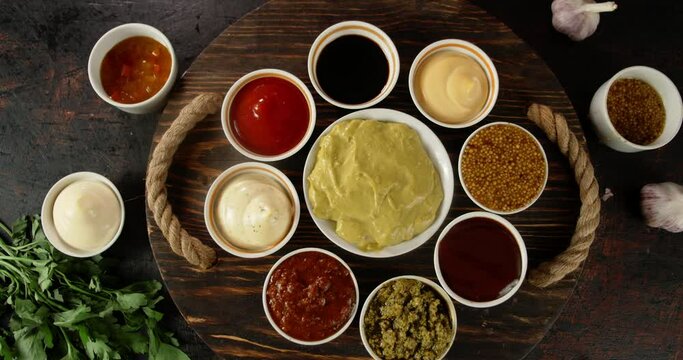 A variety of sauces on a wooden tray rotate. 
