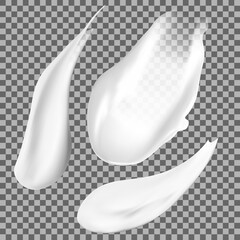 Cosmetic cream texture. White face gel swatch isolated on transparent background. Creamy skin care smear. Sunscreen milk smudge stroke. Moisturizer foam product drop illustration. Realistic splash