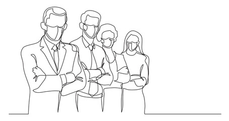 business team wearing face masks - single line drawing