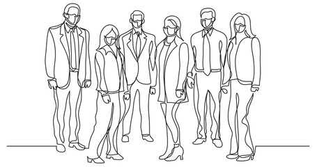 continuous line drawing of business team wearing face masks standing together
