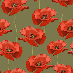 Fototapeta na wymiar Seamless pattern with wild red poppies. Poppy flowers. Seamless background pattern of poppy flowers.