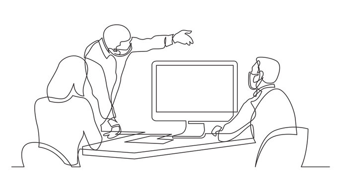 continuous line drawing of business team members wearing face masks discussing work process on big screen