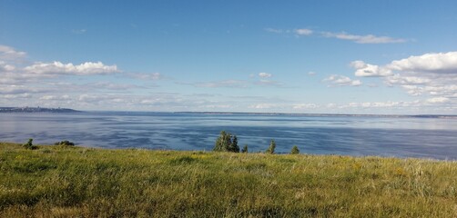 река Волга, побережье, небо, горизонт, лето, природа