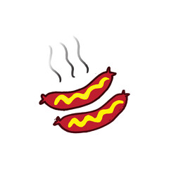 two grilled sausages icon with ketchup and mustard on the top. hand drawn vector on white background. doodle food for kids, wallpaper, cover, banner, poster, logo, clipart, advertising, sticker.