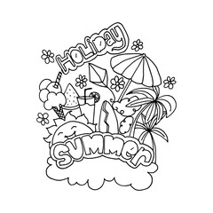 summer-hand drawn lettering isolated on white background. black outline summer, sun, cloud, flower, kite, surf board. hand drawn vector. doodle summer for wallpaper, cover, banner, poster, coloring.