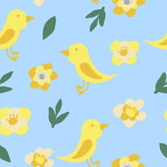 bird and flowers seamless pattern. wallpaper, textiles, wrapping paper. vector hand drawn doodle. trending colors 2021 gold, green, gray, yellow. baby, spring, summer.