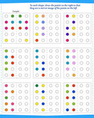  Logic game for children. In each shape, color the dots on the right so that they are a mirror image of the dots on the left