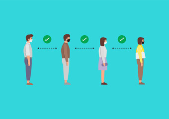 Obraz premium People in medical masks standing in line against at a safe distance