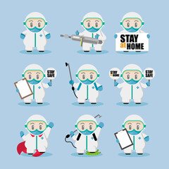 Cute  Doctor Wearing Hazmat Cartoon Character Set
