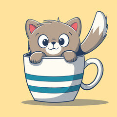 Little cat in a cup. Hand drawn vector illustration with separate layers.
