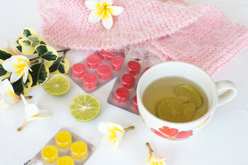 herbal honey lemon healthy drinks health care for sore throat ,lozenge with pink  knitting wool...