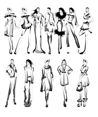 Beautiful young women in modern style.. Hand drawn stylish woman portrait. Fashion lady. Autumn outfit. Sketch set. Fashion model posing in coat. Hand drawn fashion woman.