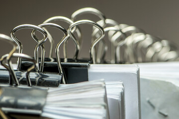 bundles bales of paper documents. stacks packs pile on the desk in the office