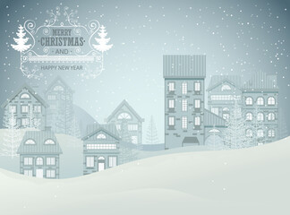 Winter city night landscape. Christmas and New Year concept for greeting card. Illustration.