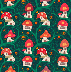 Seamless pattern with cartoon fairy tale porcini house on a liana with lanterns for fairies and gnomes on green background. A fabulous home for little creatures. Vector flat boho texture for wallpaper