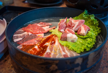 Fresh raw pork meat prepared for grilling asian food.