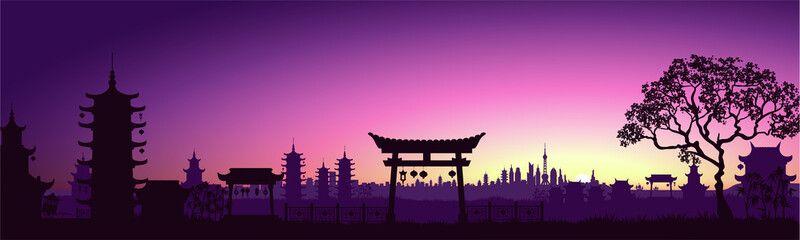Big Asian city. Cityscape with a beautiful sunset. Cyberpunk and retro wave style illustration. Vector illustration.
