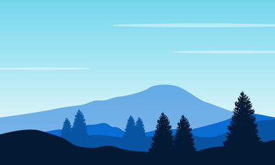 Beautiful view of trees and mountains in the morning. Vector illustration