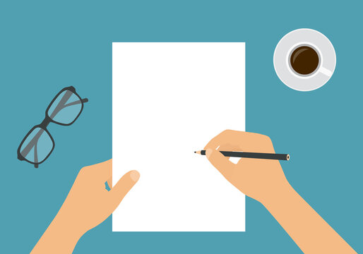 Flat design illustration of hand holding blank white sheet of paper and pencil. Drawing or writing with space for your text, vector