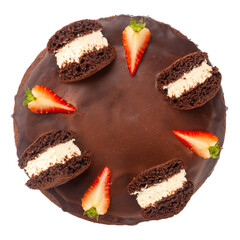 Isolated whoopie pie cake with chocolate and strawberries on the white background