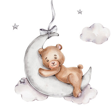 Naklejka Cute teddy bear sleeps on the moon  watercolor hand drawn illustration  can be used for baby showers or postcards  with white isolated background