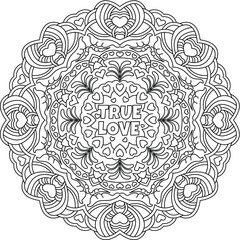 True Love Valentine Mandala With Heart Shape Coloring Book, Coloring Page. Vector Illustration