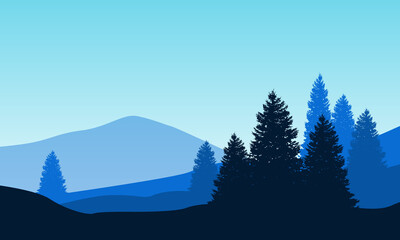 Stunning view of trees and mountains at sunrise. Vector illustration