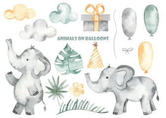 Watercolor set with elephants, balloons, clouds, cap, rope, leaves, flower