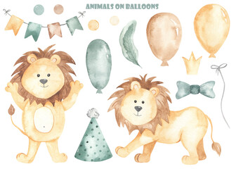 Watercolor set with lion, balloons, crown, cap, bow tie, leaf, flags