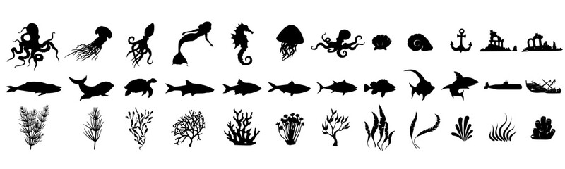 Set of fish on a white background. Large set of underwater items. Creation kit.
