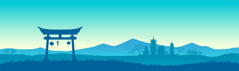 Fototapeta premium Chinese arch against the background of mountains. Wild steppes. Vector illustration.