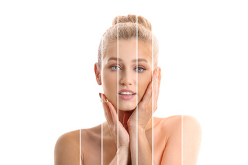 Portrait of beautiful young woman with different tones of skin on white background
