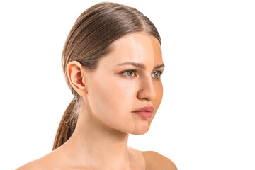 Portrait of beautiful young woman with different tones of skin on white background
