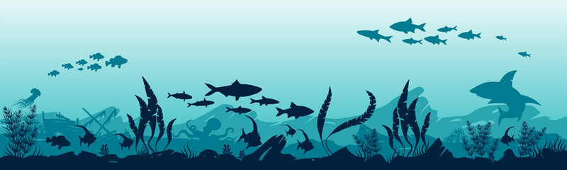 Illustration of the underwater world. Reefs and fish in the ocean.