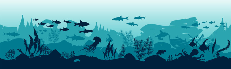 Obraz premium Silhouette of fish and algae on the background of reefs. Vector illustration. EPS10