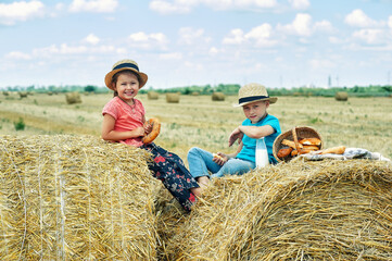 Naklejka na ściany i meble Happy children having breakfast with milk and bread in the countryside sitting on a wheat stack Happy childhood concept