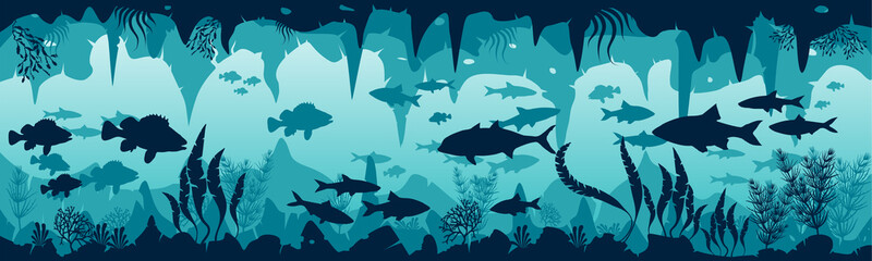 Underwater world with silhouettes of fish and algae on the background of an underwater cave. Vector illustration. EPS 10