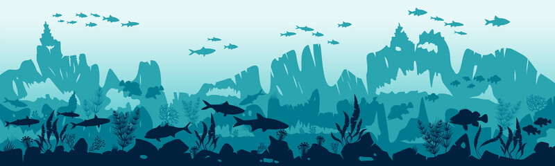 Obraz premium Underwater world with silhouettes of fish and algae on the background of reefs. Vector illustration. EPS10