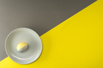 Easter egg painted yellow-gray in a gray plate on a yellow-gray background with a place for text .. Top view. Pantone Trend 2021
